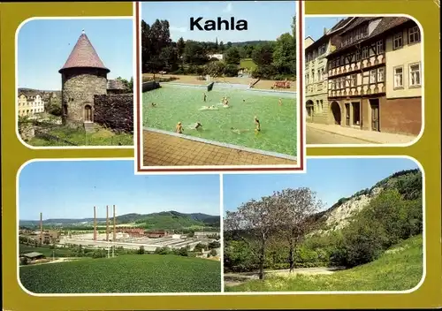 Ak Kahla in Thüringen, Stadtmauer, Freibad, Traditionskabinett, Dohlenstein, VEB Porzellanwerke