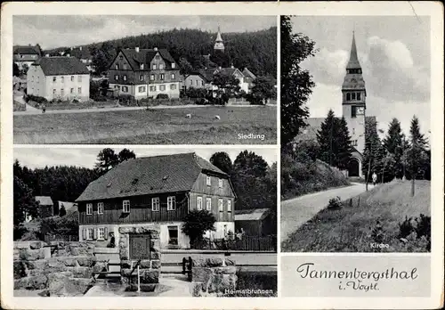 Ak Tannenbergsthal Muldenhammer im Vogtland, Siedlung, Heimatbrunnen, Kirche