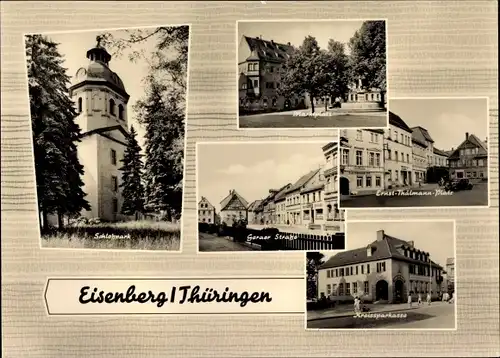 Ak Eisenberg in Thüringen, Schloßpark, Marktplatz, Kreissparkasse, Ernst-Thälmann-Platz