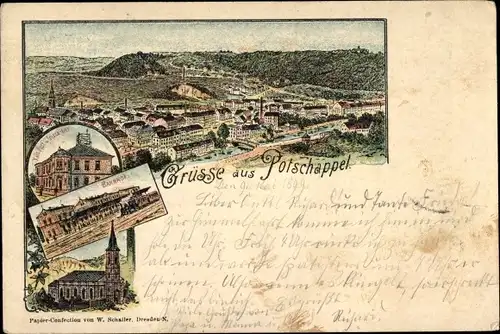 Litho Potschappel Freital Sachsen, Totale, Bahnhof, Kirche