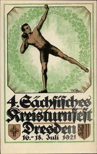 Künstler Ak Dresden, W. Pech, 4. Sächs. Kreisturnfest 1921, Festsportkarte Nr.1, Der Kugelstoßer