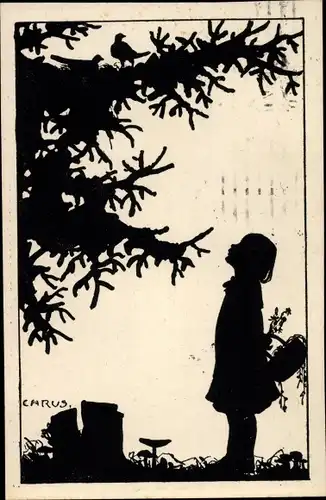 Scherenschnitt Künstler Ak Carus, Mädchen unter einem Baum, Vogelnest