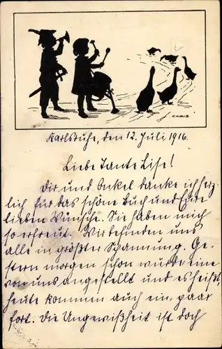 Scherenschnitt Künstler Ak Carus, Kinder mit Musikinstrumenten, Gänse