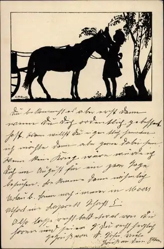 Scherenschnitt Künstler Ak Carus, Mädchen mit Kutschpferd