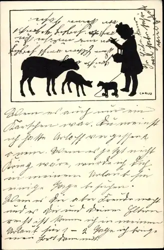 Scherenschnitt Künstler Ak Carus, Mädchen mit Schafen, Lamm, Spielzeug