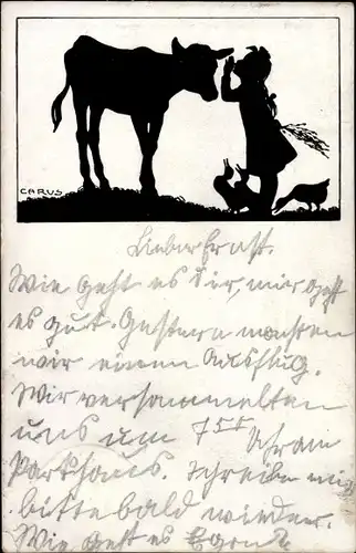 Scherenschnitt Künstler Ak Carus, Mädchen mit Kuh, Enten