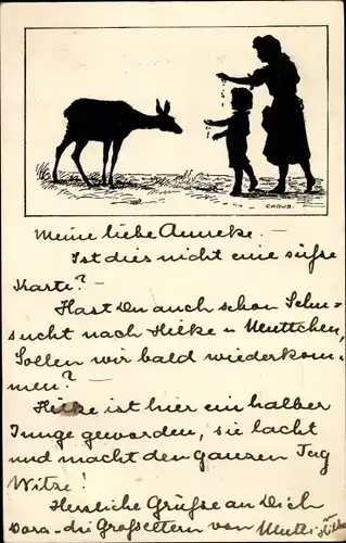 Scherenschnitt Künstler Ak Carus, FRau und Mädchen füttern Reh