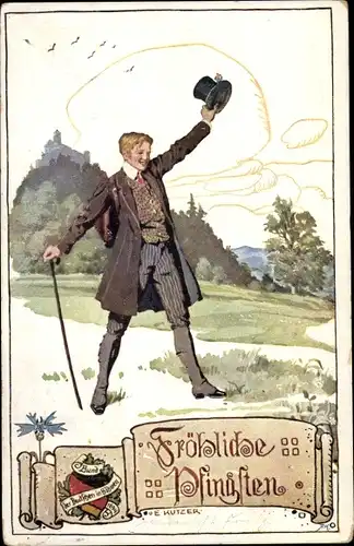 Künstler Ak Kutzer, E., Glückwunsch Pfingsten, Wanderer, Bund der Deutschen in Böhmen