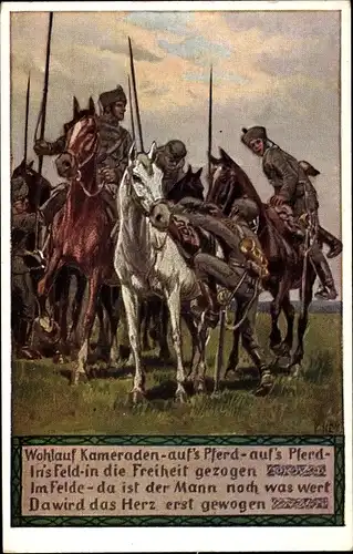 Lied Künstler Ak Hey, Paul, Unsere Feldgrauen, Soldatenliederkarte 12, Wohlauf Kameraden aufs Pferd
