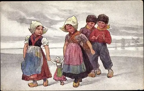 Künstler Ak Feiertag, Karl, Mädchen in Tracht mt Puppe, zwei Jungen