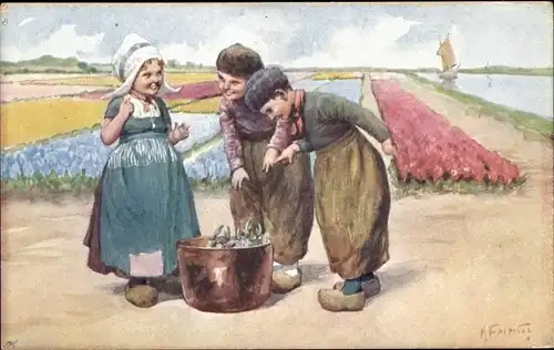 Künstler Ak Feiertag, Karl, Mädchen, Jungen, niederländische Volkstrachten, Tulpenfeld