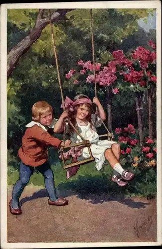 Künstler Ak Feiertag, Karl, Zwei Kinder auf einer Schaukel, BKWI 116 2