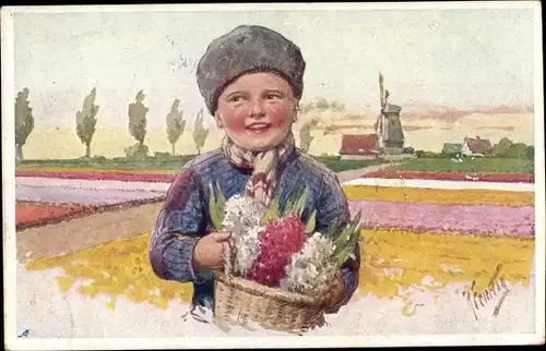Künstler Ak Feiertag, K., Junge in niederländischer Tracht, Windmühle, Blumen