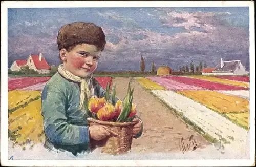 Künstler Ak Feiertag, K., Junge in niederländischer Tracht, Tulpen