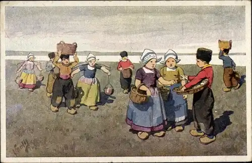 Künstler Ak Feiertag, K., Kinder in niederländischer Tracht, Körbe, Wasserträgerin
