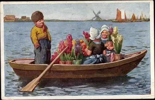 Künstler Ak Feiertag, K., Kinder in niederländischer Tracht, Ruderpartie, Blumen, Windmühle