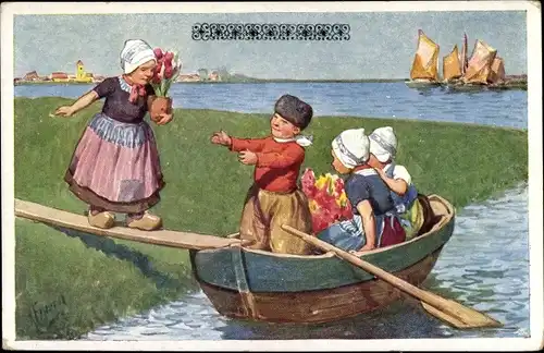 Künstler Ak Feiertag, K., Kinder in niederländischer Tracht, Ruderpartie, Segelboote