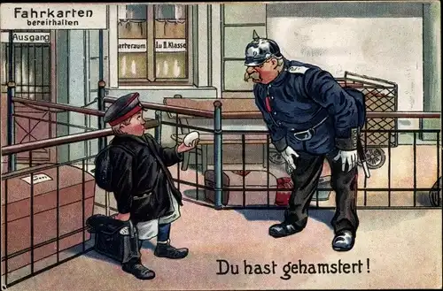 Ak Du hast gehamstert, Junger Soldat mit Essen, Gepäck, General, Bahnhof