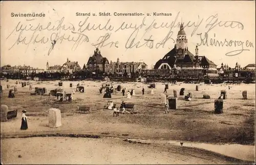 Ak Świnoujście Swinemünde Pommern, Strand und Städtisches Conversations- und Kurhaus