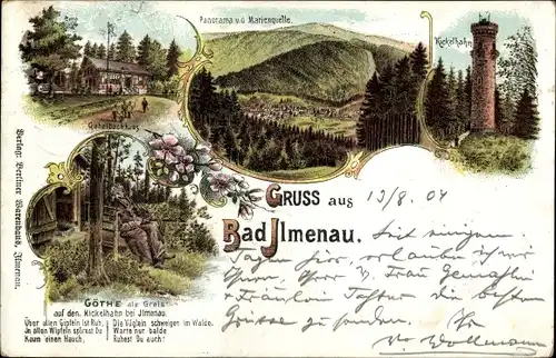 Litho Ilmenau in Thüringen, Panorama von der Marienquelle, Gabelbachhaus, Kickelhahn