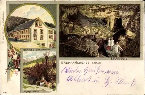 Litho Hasel in Baden Württemberg, Erdmannshöhle, Gasthaus, Bachhöhle, Zwerg