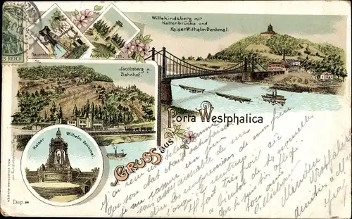 Litho Porta Westfalica an der Weser, Kaiser Wilhelm Denkmal, Jacobsberg, Bahnhof, Kettenbrücke