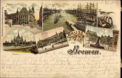 Litho Hansestadt Bremen, Hafen, Segelschiffe, Gericht, Markt, Parkhaus, Bahnhof