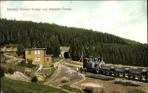 Ak Blankenburg am Harz, Bahnhof Braune Sumpf und Bielsteintunnel, Harz Zahnradbahn