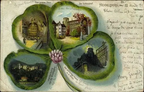 Präge Kleeblatt Litho Heidelberg, Schlosshof, Großes Fass, achteckiger Turm, Altan, Hirschgasse