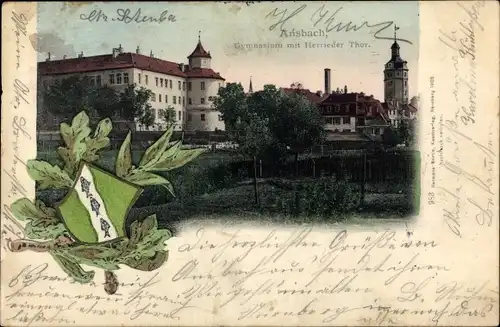 Wappen Ak Ansbach in Mittelfranken Bayern, Gymnasium, Herrieder Tor
