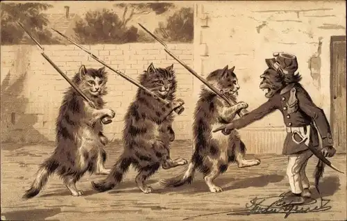 Präge Litho Vermenschlichte Katzen und Schimpanse, Bajonette