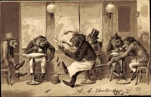 Präge Litho Vermenschlichte Affen, Schimpansen, Cafe, Kellner