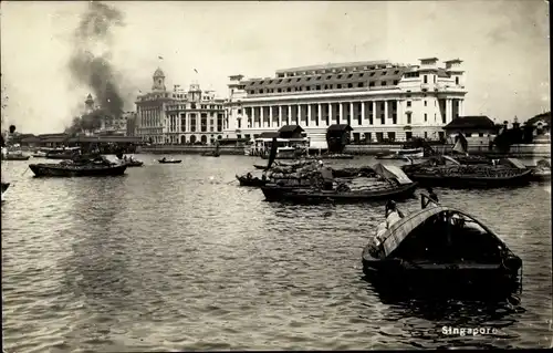 Foto Ak Singapore Singapur, Ortsansicht vom Wasser aus, Boote