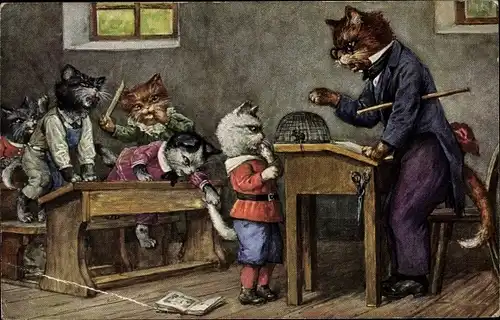 Künstler Ak Thiele, Arthur, Katzenschule, Lehrer, Maus im Käfig, Schüler