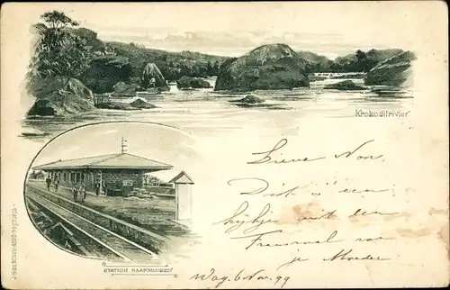 Litho Ak Kaapmuiden Südafrika, Krokodilrivier, Bahnhof, Gleisseite, Flusspartie