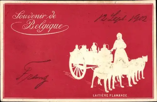 Präge Litho Laitiere Flamande, Milchfrau mit Milchkarren, Zughunde
