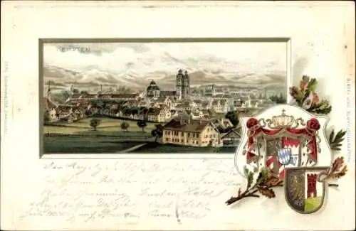 Präge Wappen Litho Kempten im Allgäu Schwaben, Panorama vom Ort