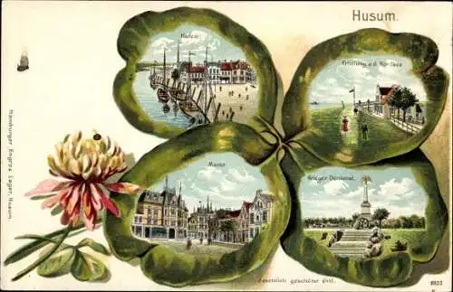 Kleeblatt Litho Husum in Nordfriesland, Hafen, Gasthaus Erholung, Deich, Markt, Kriegerdenkmal