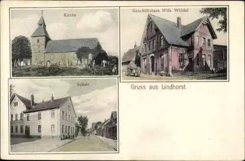 Ak Lindhorst im Kreis Schaumburg, Kirche, Schule, Geschäftshaus Wilhelm Widdel