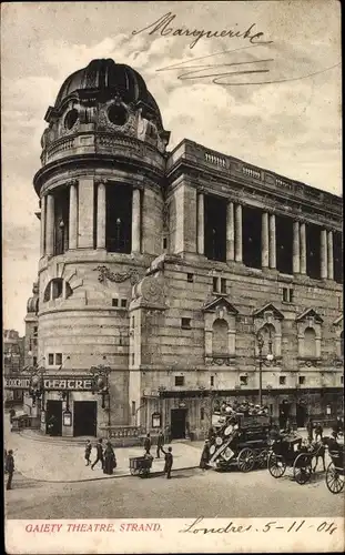 Ak London City England, Gaiety Theatre Strand, Passanten, Kutsche