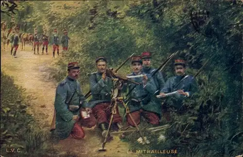 Ak La Mitrailleuse, französische Soldaten mit Maschinengewehr