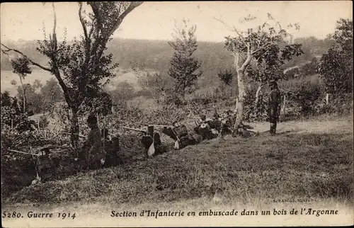 Ak Section d'Infanterie en embuscade dans un bois de l'Argonne, I WK