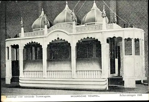 Ak Scheveningen Den Haag Südholland, Moorsche Tempel, Wedstrijd vor versierde Tramwagens