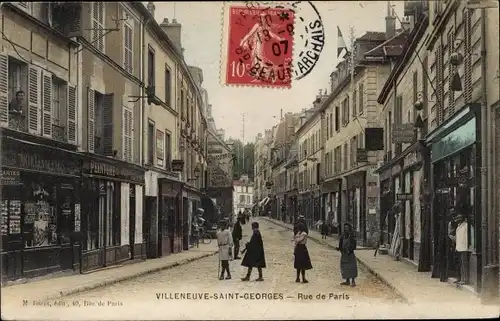 Ak Villeneuve Saint Georges Val de Marne, Rue de Paris, Geschäfte