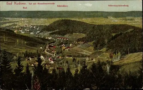 Ak Bad Kudowa Schlesien, Tal mit Heuscheuerstraße, Schlossberg, Schweinsrücken