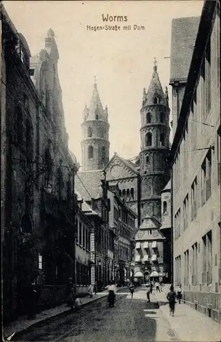 Ak Worms am Rhein, Magen-Straße mit Dom, Straßenszene