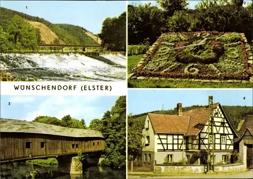 Ak Wünschendorf an der Elster, Elsterwehr, Blumenuhr, Holzbrücke, Cronschwitz, Fachwerkhaus