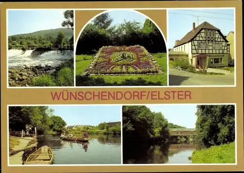 Ak Wünschendorf an der Elster, Elsterwehr, Blumenuhr, Gondelstation, alte Holzbrücke