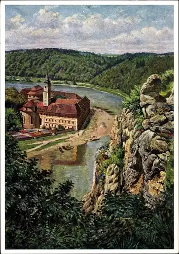 Ak Kelheim an der Donau Niederbayern, Felspartien mit Kloster Weltenburg