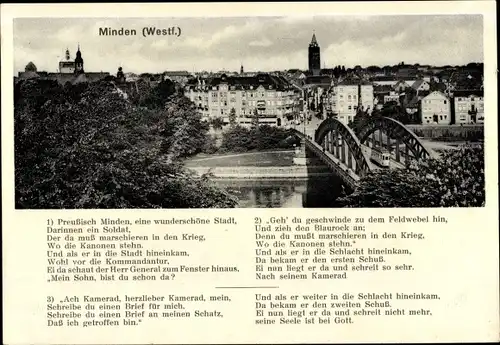 Ak Minden in Westfalen, Panorama mit Brücke und Kirche, Gedicht
